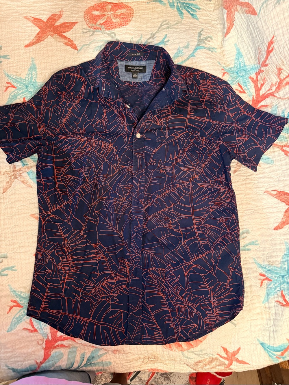Banana Republic Navy Short-Sleeve Button-Down with Coral Leaf Print